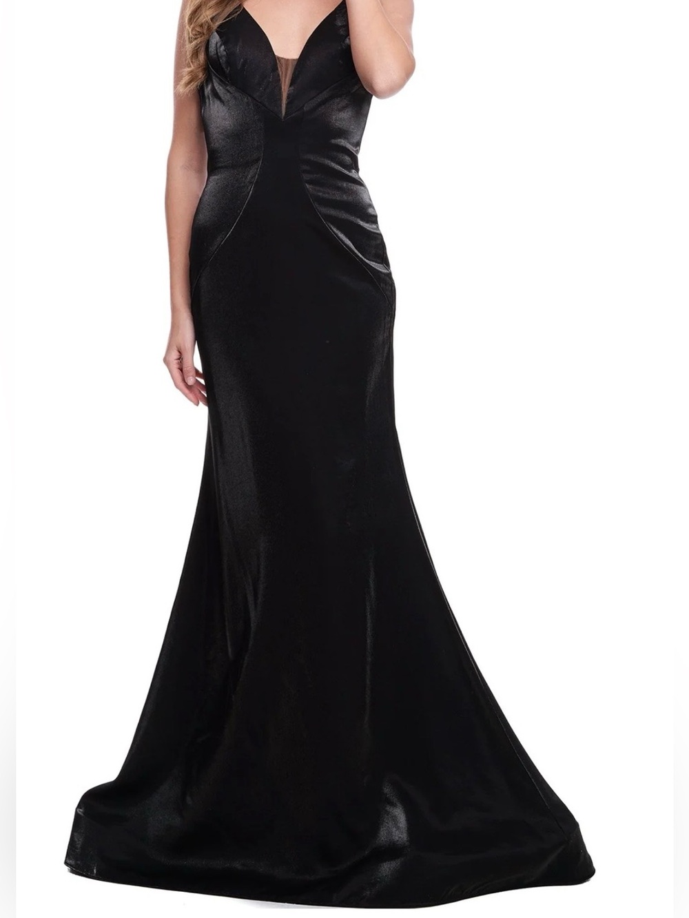 Classic Black Satin Prom Gown with Plunging Neckline